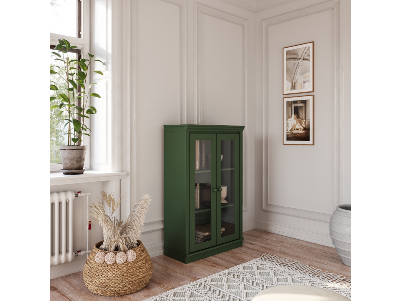 Estante de madeira com 1,19 m na cor verde com duas portas de vidro / Coleção biblioteca